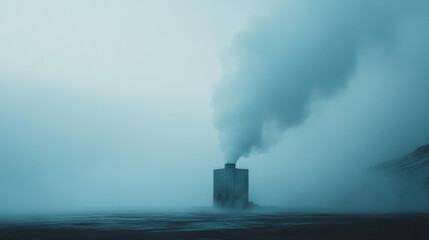 A solitary geothermal power plant rising from an empty, misty expanse, steam billowing into the sky