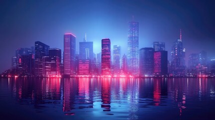 Fototapeta premium Futuristic City Skyline at Night with Neon Lights and Reflections