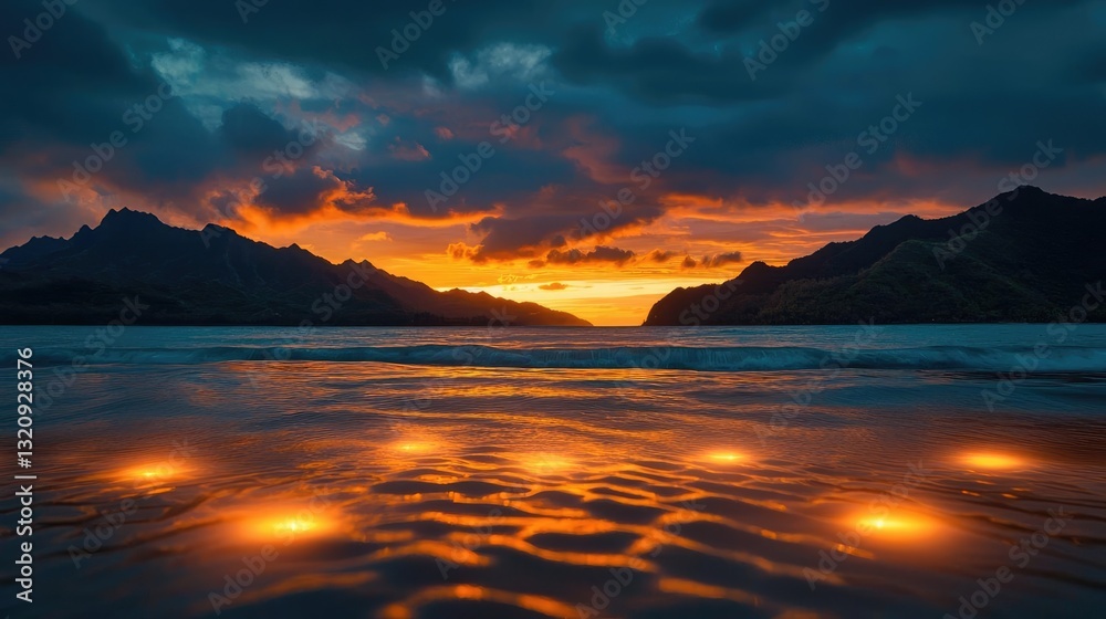 Poster seascape abstract background idea. stunning sunset over a tranquil beach with glowing reflections on
