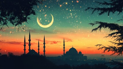Serene Night Sky Over Mosque with Crescent Moon and Stars Illuminating a Tranquil Landscape at Dusk