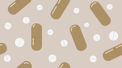 Brown medical pills seamless pattern. Herbal pills background. Pills and capsules pattern in brown and white. A beige medical illustration. A seamless pattern with medical pills.