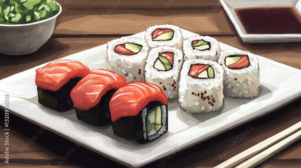 Poster sushi plate with spicy tuna and assorted rolls served on a wooden table against a simple backdrop