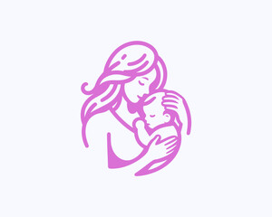 Happy Mother's Day logo design icon vector template. Line art mother and baby outline logo.