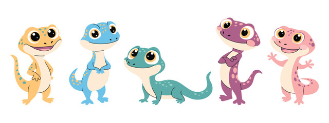 Set of cute cartoon gecko. Cute lizards with big eyes. Set of flat vector illustrations in children's style. Vector illustration on white background. © Jevgeniya Mukhitova