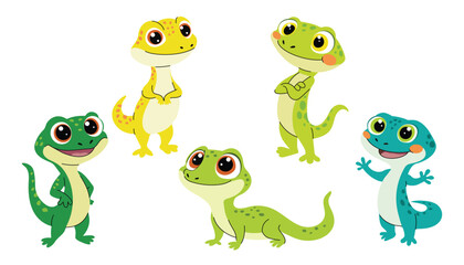 Set of cute cartoon gecko. Cute lizards with big eyes. Set of flat vector illustrations in children's style. Vector illustration on white background.