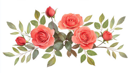 Naklejka premium Beautifully arranged coral roses and leaves for artistic decoration. isolated on white background.