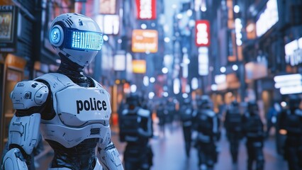 Obraz premium Metaverse Smart City: AI Robot Cop Security in Futuristic Digital World