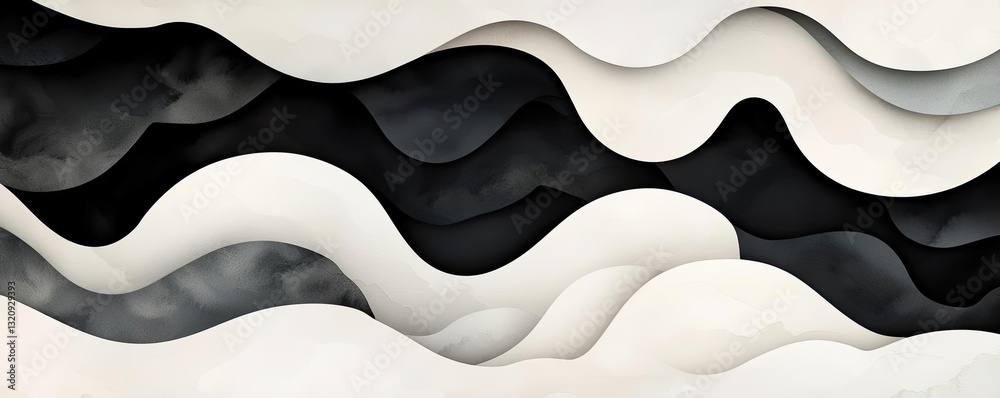 Poster Ink illustration abstract background concept. Abstract wave pattern in black and white creates a modern design aesthetic.