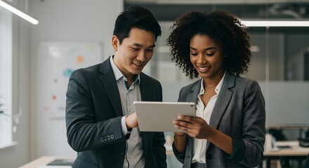 group of young multi-ethnic startup business team collaborating on project in modern office