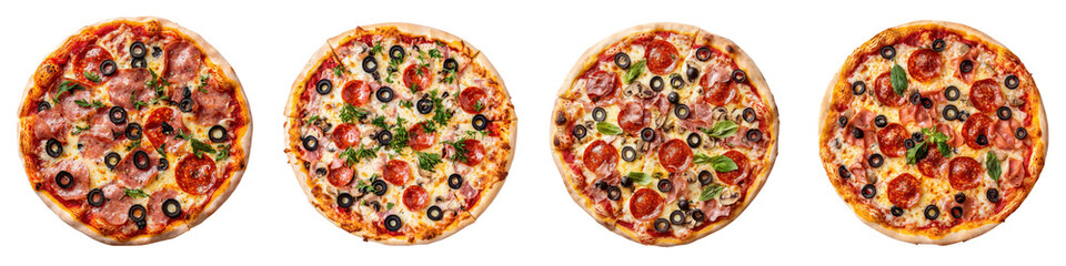 An enticing collection of mouthwatering gourmet pizzas featuring a variety of irresistible toppings such as pepperoni olives mushrooms onions and bell peppers all baked to perfection on a crisp