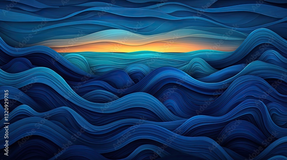 Aufkleber seascape abstract background idea. abstract waves in blue tones with a warm horizon at sunset showca