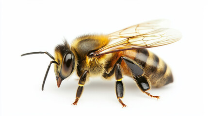 Close-up of a bee showcasing detailed features and vibrant colors on a white background. isolated on white background.