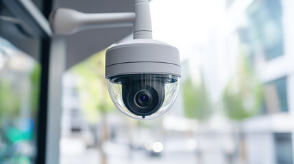 Close-up of a modern security camera installed for surveillance purposes.