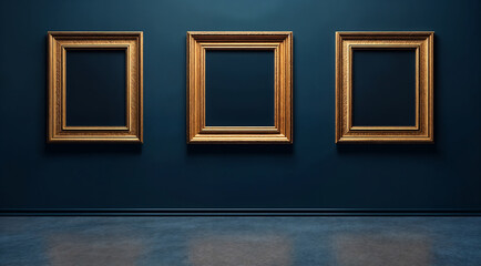 Vintage gold empty frames arranged on a deep blue artistic wall.