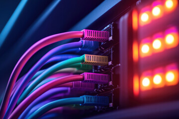 Close-up of colorful Ethernet cables connected to a network switch with LED lights.