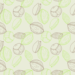 Healthy food nuts and seeds, beige pattern with walnut, hazelnut, pistachio and almond. Outline graphics. Packaging, wallpaper, wrapper, backdrop. Vector illustration