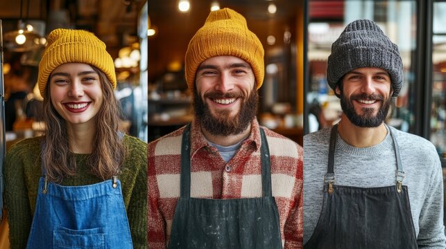 Smiling Baristas, Diverse Team. Coffee Shop Workers In Beanies Proudly Posing For Portrait.