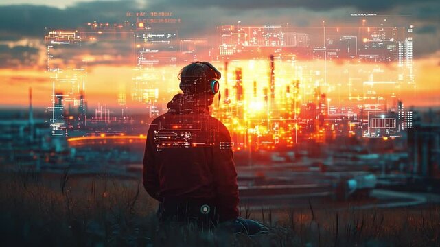 Visionary Contemplation: A solitary figure gazes thoughtfully at a mesmerizing cityscape with digital overlay in a display of foresight and modern urban planning and futuristic technology.