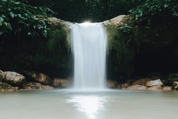 Obraz premium Majestic waterfall cascading into tranquil pool, surrounded by l