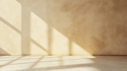 Warm sunlit interior with textured wall and shadows for branding, presentations, and design backgrounds. Copy space