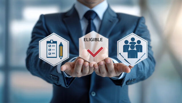 Business man working on virtual touch screen presses word: ELIGIBILITY. Eligibility concept. Are you eligible? Eligible, adept, adequate, capable, competent business