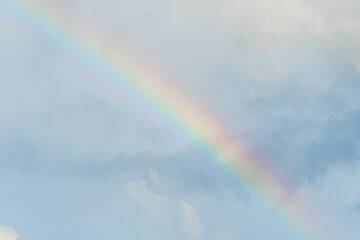 Dramatic blue clouds and rainbow in sunset sky. Amazing sky landscape. The sky that gives happiness and peace