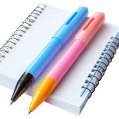 A pair of colorful highlighters on a notebook placed isolated on white background.PNG
