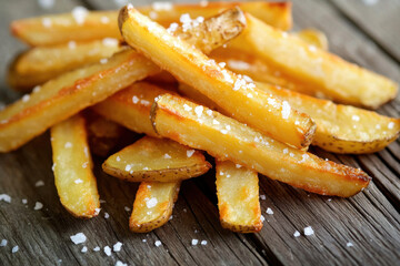 Crispy golden fries sprinkled with salt on a rustic wooden surface.
