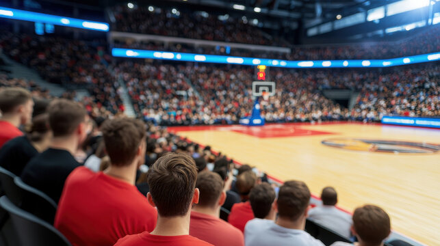 Crowd cheering at a vibrant basketball game in a modern arena.