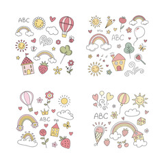 Colorful Doodles & Whimsical Drawings, Childlike Illustrations & Cute Icons, Playful Designs & Pastel Colors, Hand-Drawn Nursery Art & Seamless Pattern Potential
