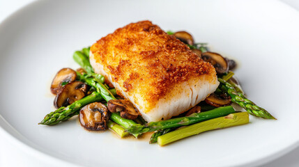 Delicious baked fish fillet served on a bed of sauteed vegetables.