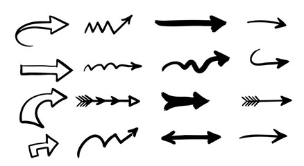 Naklejka premium set of Hand-Drawn Arrow Doodles with Curved, Wavy, and Zigzag Directions for Design and Sketch Elements