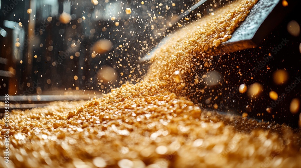 Poster golden grains of material cascade from a conveyor into a collection area within a high-tech petroche