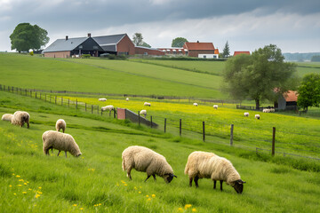 Fototapeta premium Pastoral Harmony: Sheep Grazing in Lush Meadows, Supporting Agriculture and Tradition