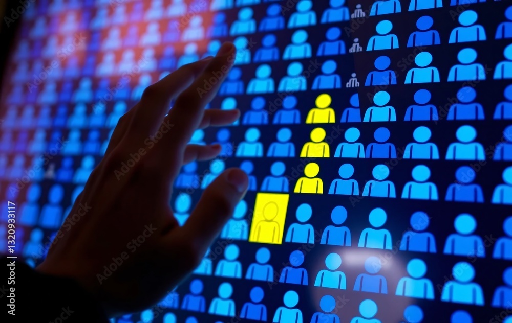 Fototapete Digital Connection Point. A Hand Interacts With A Screen Displaying Human Icons, Representing Selection, Engagement, And The Concept Of Choosing Individuals In A Technology Interface. The Future Is