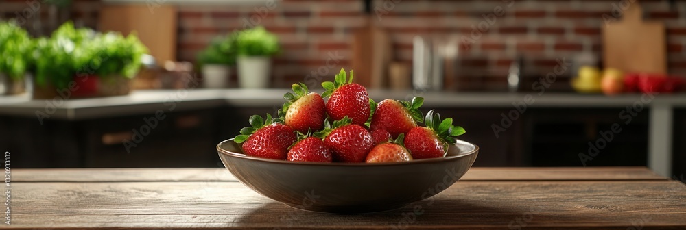 Poster fresh fruit creatively arranged in a rustic kitchen setting featuring ripe strawberries on a wooden 