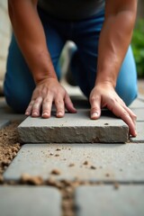 Worker's hands carefully placing paving stone, brick, ground