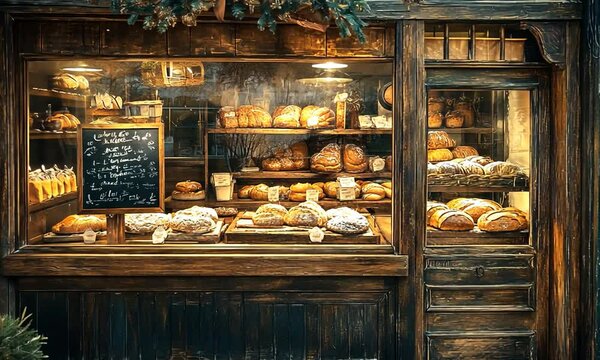 Cozy bakery storefront filled with freshly baked bread, wooden decor, and festive holiday atmosphere