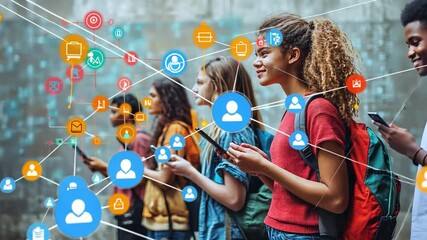 Digital Connections: A group of diverse individuals engrossed in their smartphones, surrounded by a network of interconnected digital icons, symbolizing the modern era of communication. - Powered by Adobe