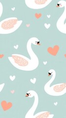 Beautiful pattern depicting graceful swans gliding across a serene lake surrounded by hearts and natural beauty