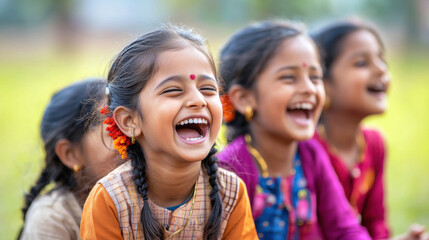 Fototapeta premium Joyful children laughing together in a vibrant outdoor setting, radiating happiness.