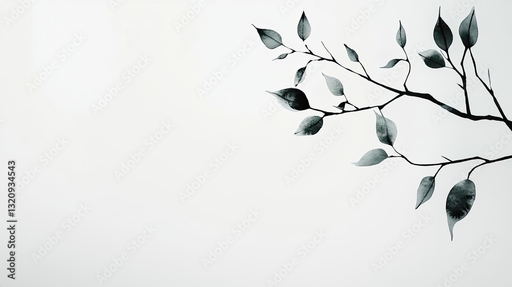 Poster ink illustration abstract background concept. a minimalistic view of a green leaf branch against a s