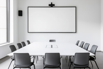 Modern conference room with a large white table and a screen for presentations.