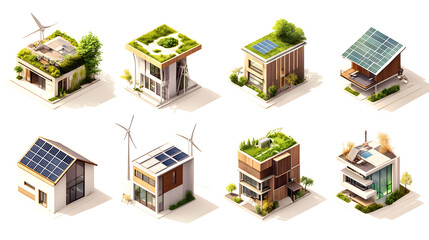 Collection of eco-architecture icons, including solar energy, green roofs, wind power, and sustainable building practices for energy efficiency.