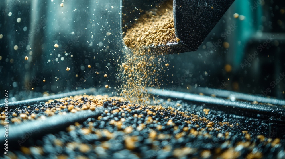 Aufkleber A detailed view of raw materials being processed in a petrochemical refinery factory. Automation technology effectively manages the synthesis and handling of granulated substances.