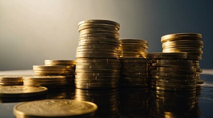 Stacks of shiny gold coins arranged on a reflective surface under warm lighting in a tranquil setting