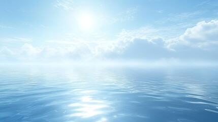Obraz premium Seascape abstract background idea. A serene ocean surface reflects a bright blue sky with fluffy clouds under sunlight.