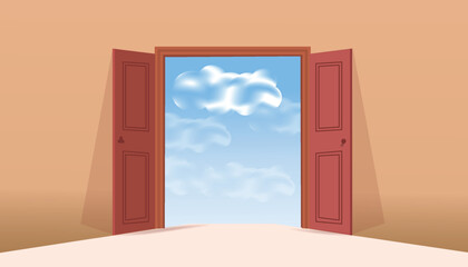 Wide open blue double doors 3d render, welcome concept abstract background vector illustration design