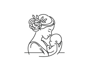 Happy Mother's Day logo design icon vector template. Line art mother and baby outline logo.