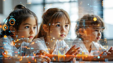 Future Learners: A diverse group of children, captivated by a futuristic digital interface that overlays their present environment. - Powered by Adobe